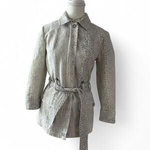 Chicos Vintage Belted Grey White Leopard Y2K Going Out Trench Coat Size 0 Small